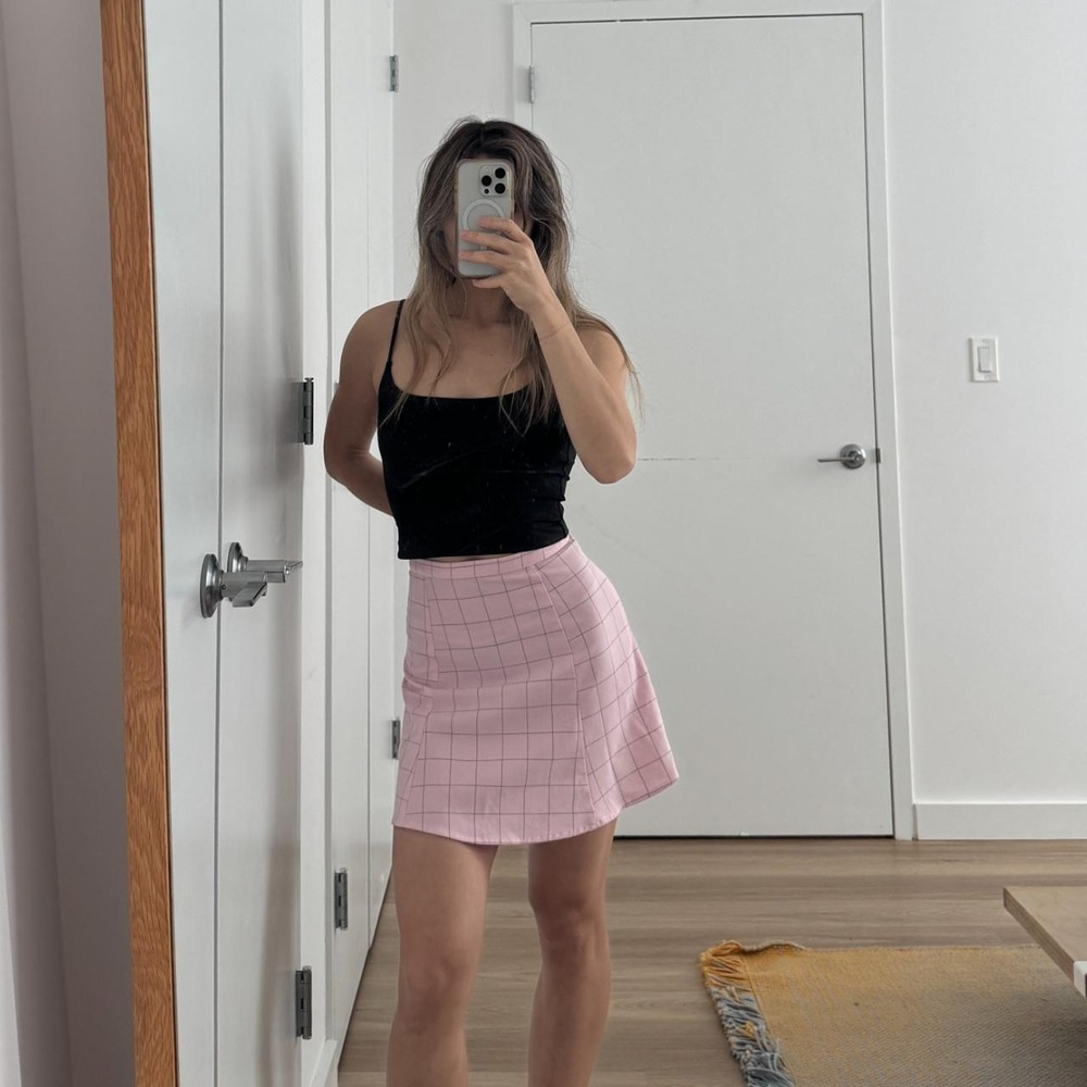 American Apparel pink and black checkered mini skirt